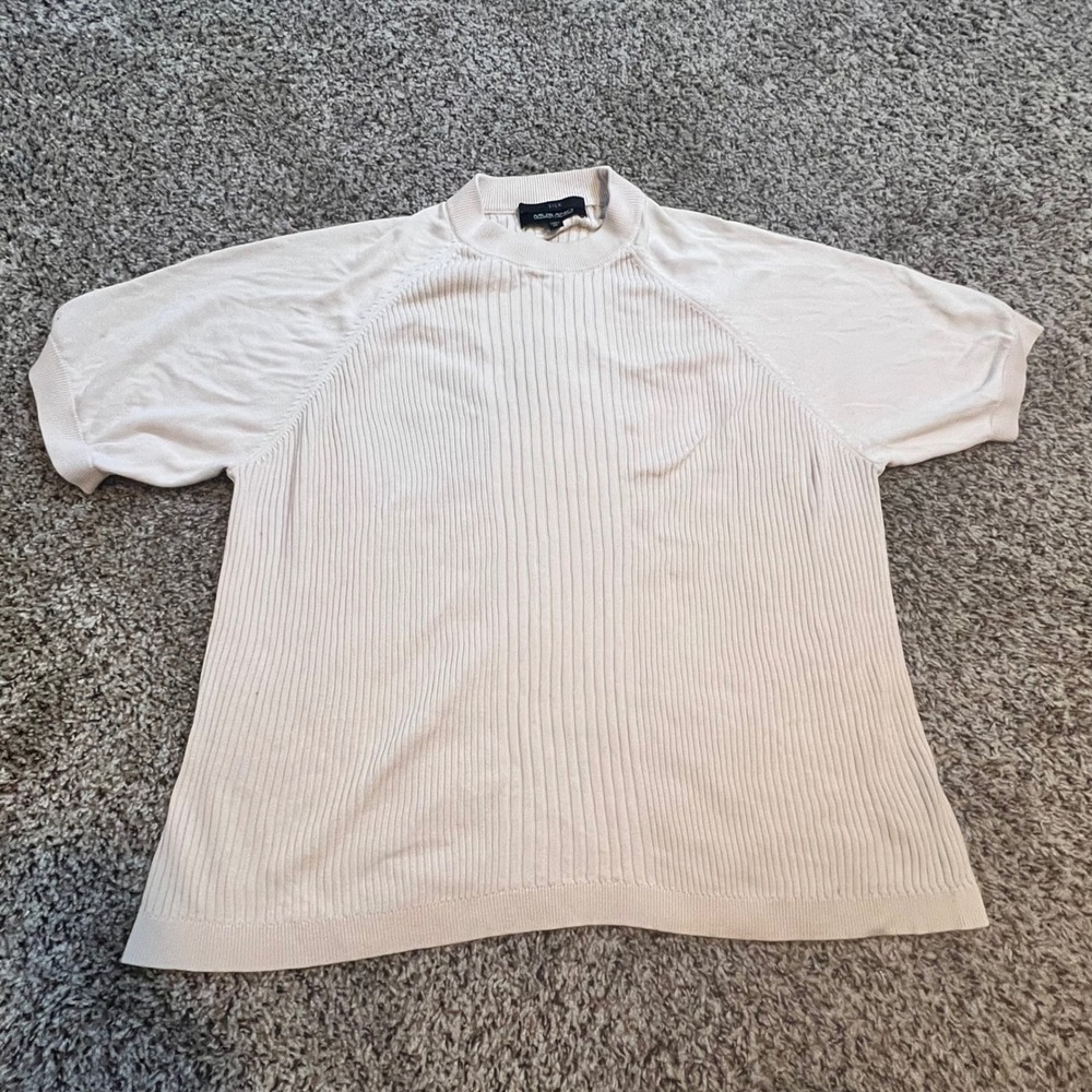 Murano 100% Silk Ribbed Knit Short Sleeve Mock Neck Sweater Cream Mens XL